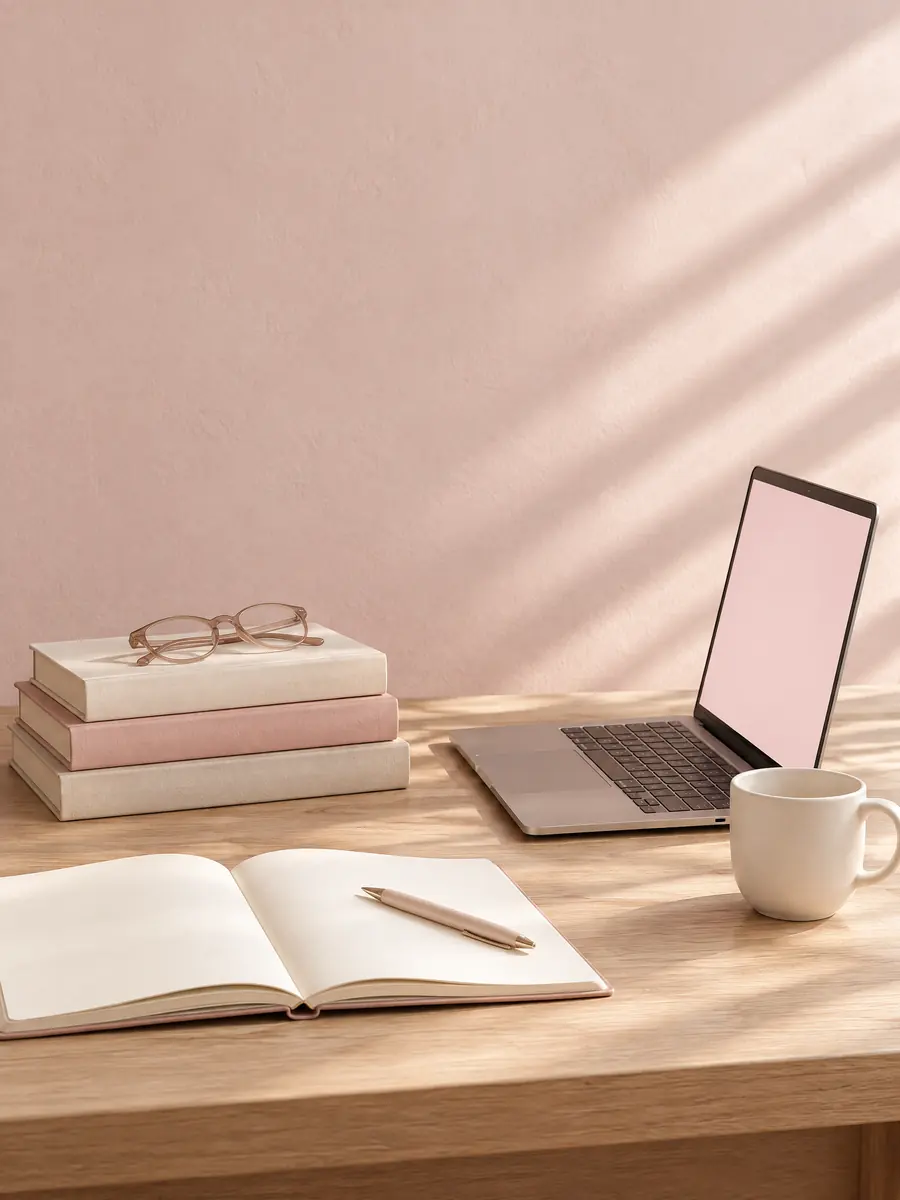 Un escritorio de madera clara contra una pared rosa: un cuaderno abierto, libros, unos lentes, una computadora portátil y una taza, con la luz de la mañana.